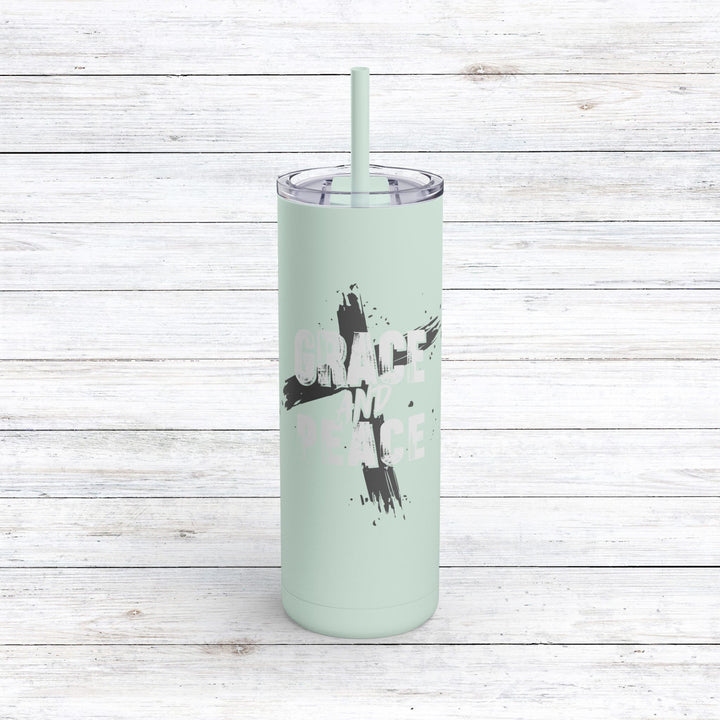 Christian Tumbler Grace and Peace Cross Mug Seaglass 20oz Matte