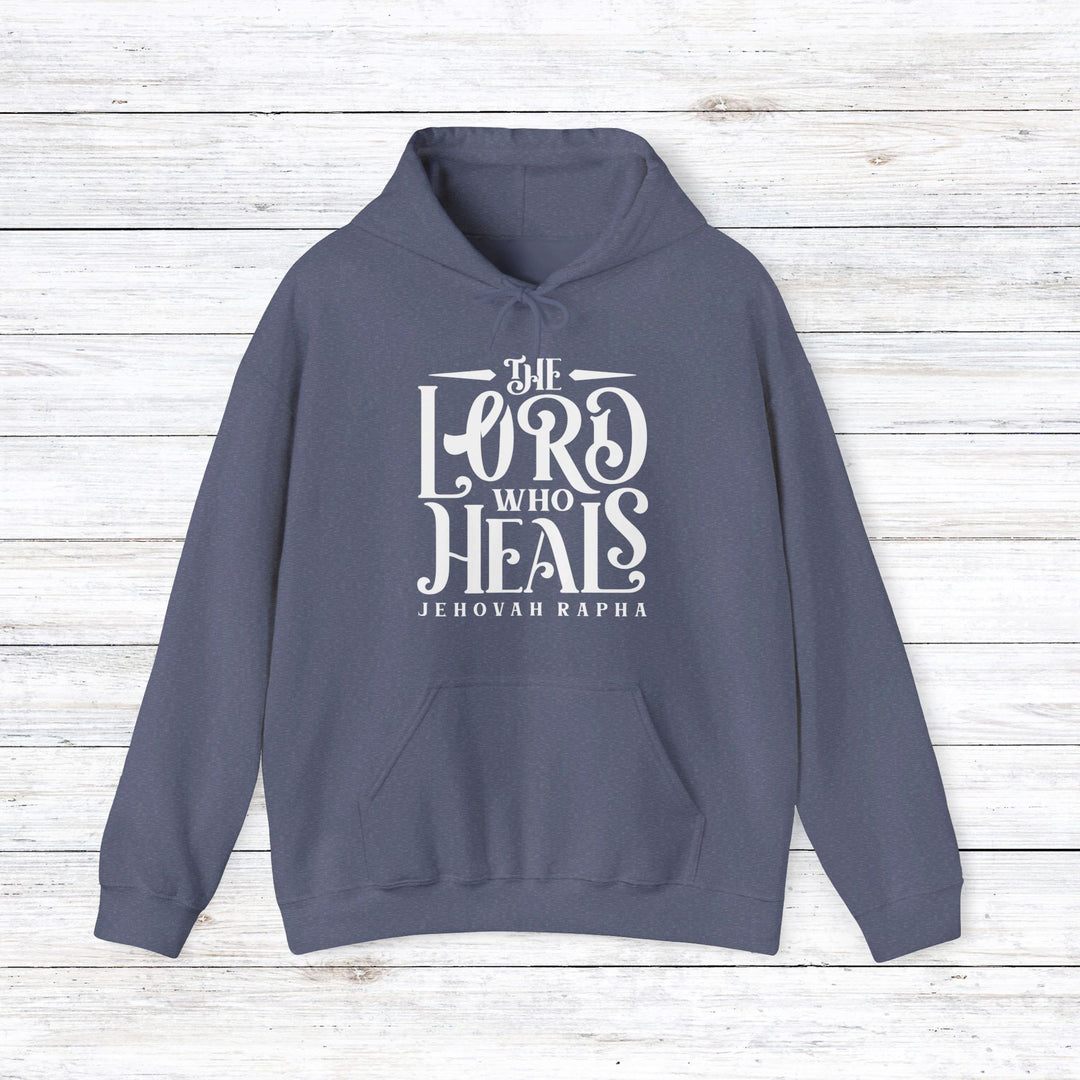 The Lord Who Heals (White Script) Hoodie Hoodie Heather Navy S 