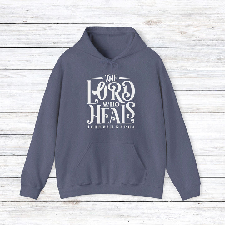 The Lord Who Heals (White Script) Hoodie Hoodie Heather Navy S 