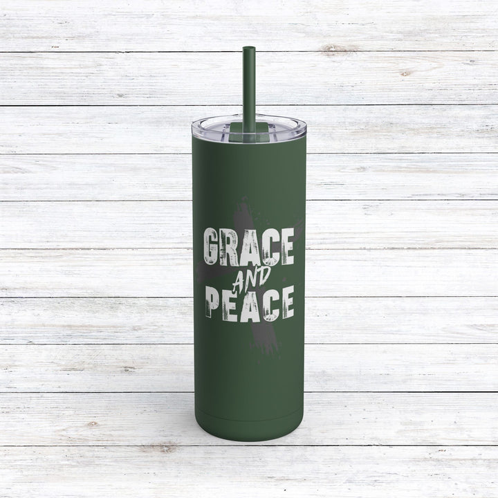 Christian Tumbler Grace and Peace Cross Mug Pine Needle 20oz Matte