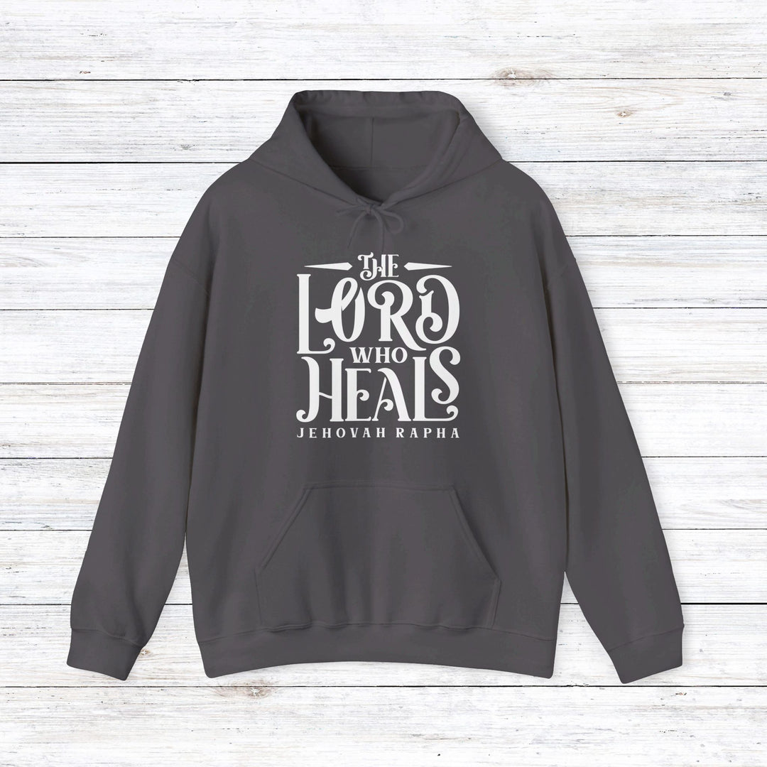 The Lord Who Heals (White Script) Hoodie Hoodie Charcoal S 