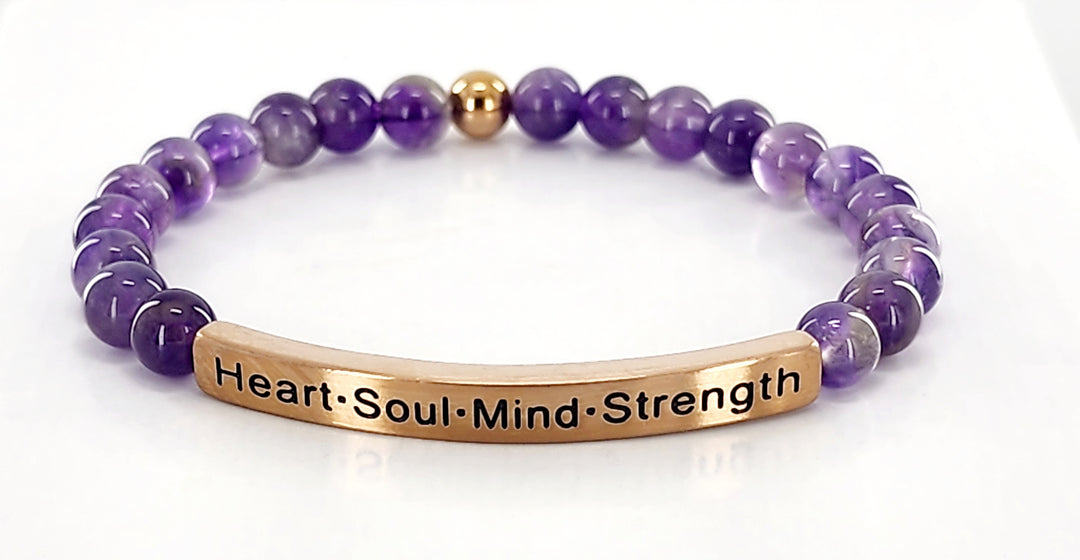 Heart·Soul·Mind·Strength Earth Stone Scripture Bracelet Scripture Bracelets Amathyst with rose gold bar  