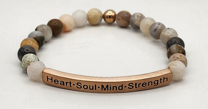 Heart·Soul·Mind·Strength Earth Stone Scripture Bracelet Scripture Bracelets Bamboo Agate with rose gold bar  