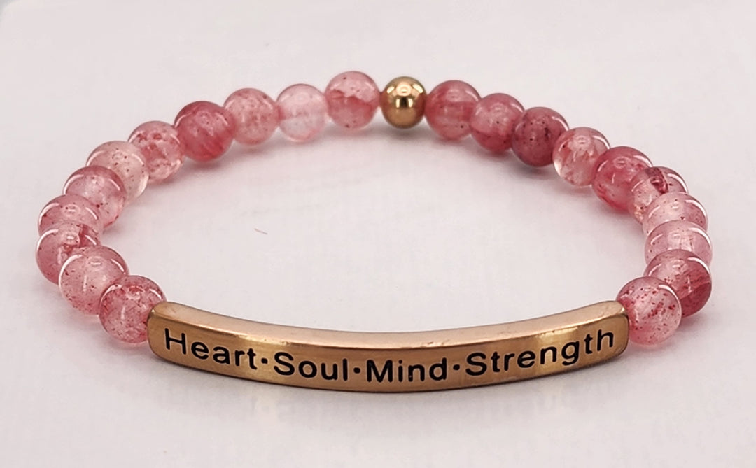 Heart·Soul·Mind·Strength Earth Stone Scripture Bracelet Scripture Bracelets Pink Quartz with rose gold bar  