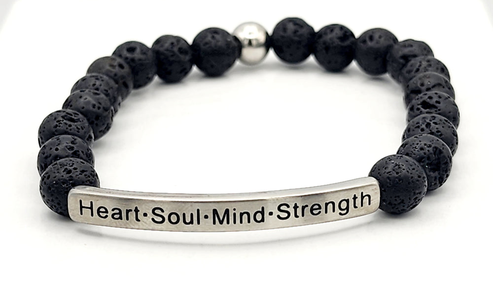 Heart·Soul·Mind·Strength Men's Earth Stone Scripture Bracelet Men's Bracelets Black lava stone with silver bar  