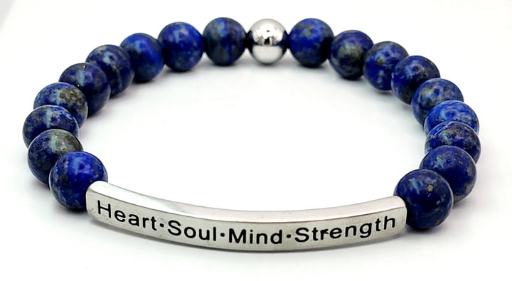 Heart·Soul·Mind·Strength Men's Earth Stone Scripture Bracelet Men's Bracelets Blue lapis with silver bar  