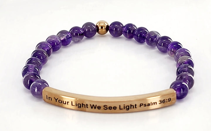 In Your Light Earth Stone Scripture Bracelet Scripture Bracelets Amathyst with rose gold bar  