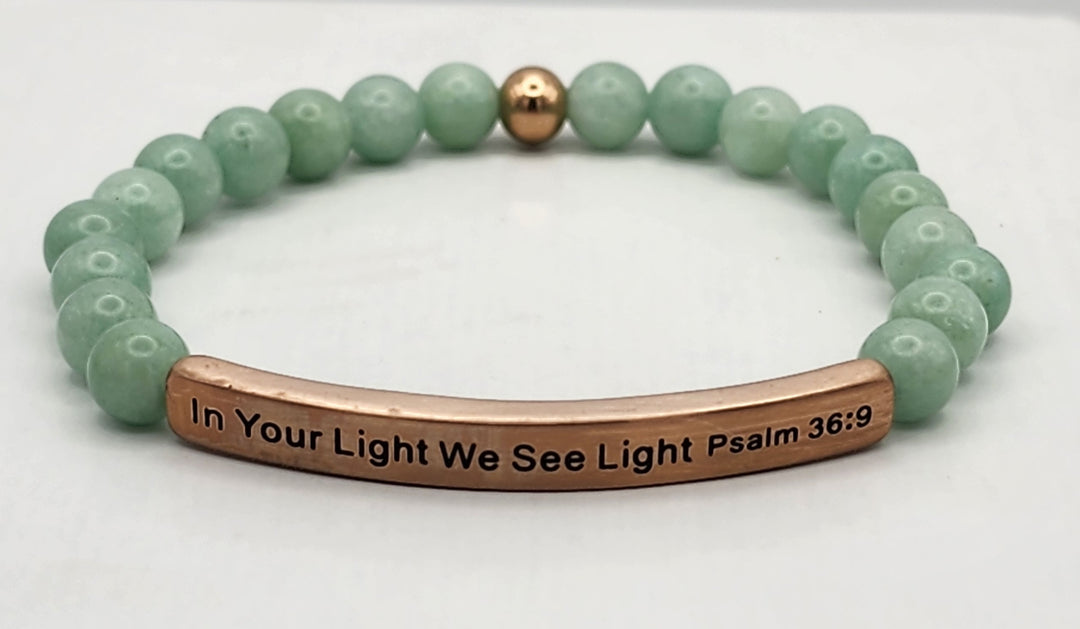 In Your Light Earth Stone Scripture Bracelet Scripture Bracelets Jade with rose gold bar  