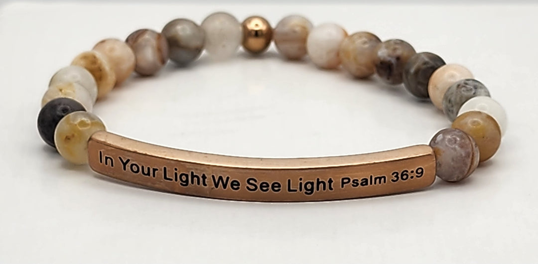 In Your Light Earth Stone Scripture Bracelet Scripture Bracelets Bamboo Agate with rose gold bar  