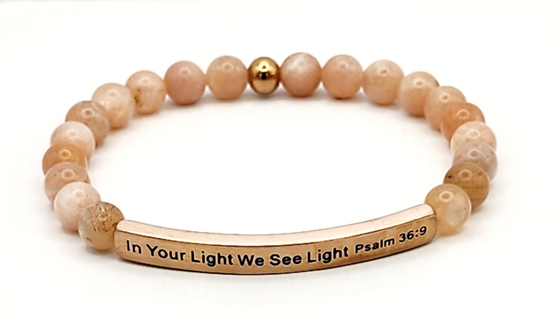 In Your Light Earth Stone Scripture Bracelet Scripture Bracelets Sunstone with rose gold bar  