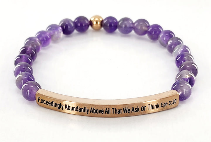 Exceedingly Abundantly Earth Stone Scripture Bracelet Scripture Bracelets Amathyst with rose gold bar  