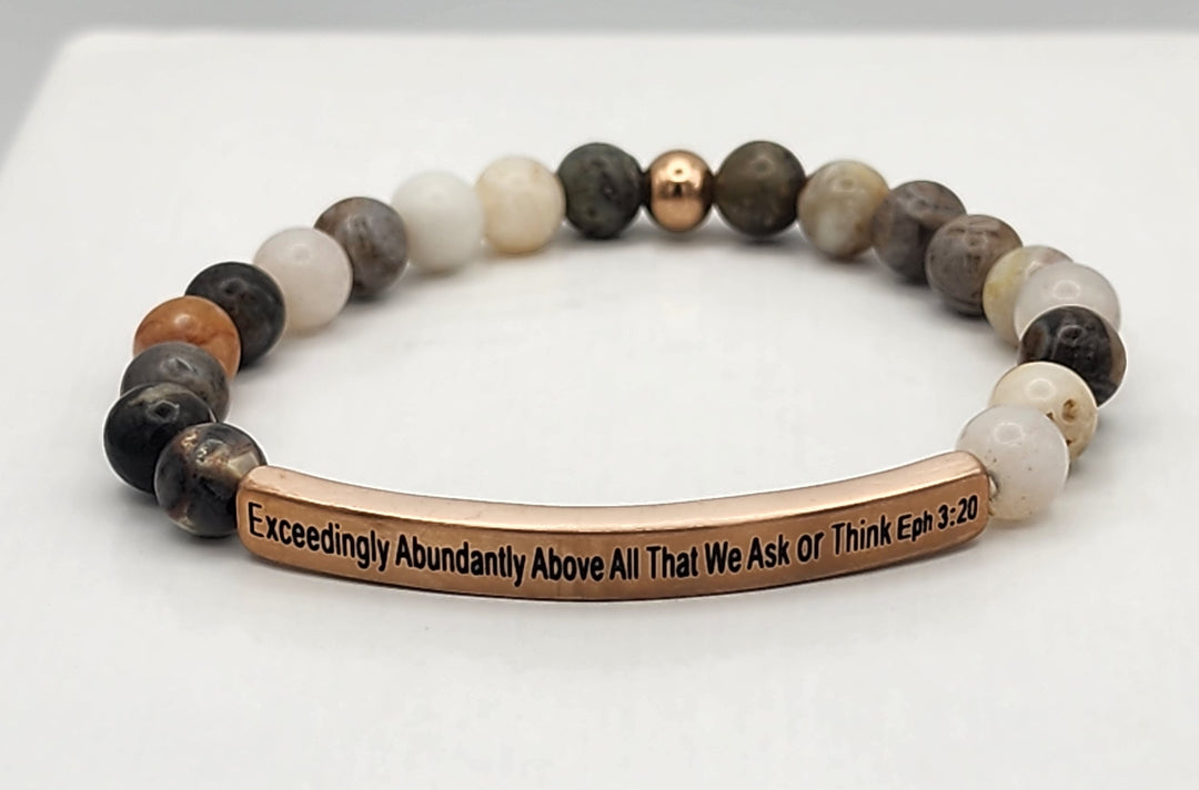 Exceedingly Abundantly Earth Stone Scripture Bracelet Scripture Bracelets Bamboo Agate with rose gold bar  