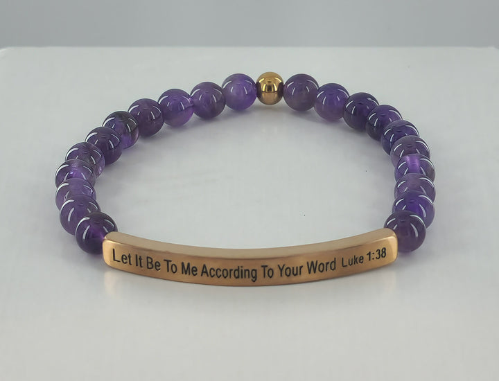 According To Your Word Earth Stone Scripture Bracelet Scripture Bracelets Amathyst with rose gold bar  