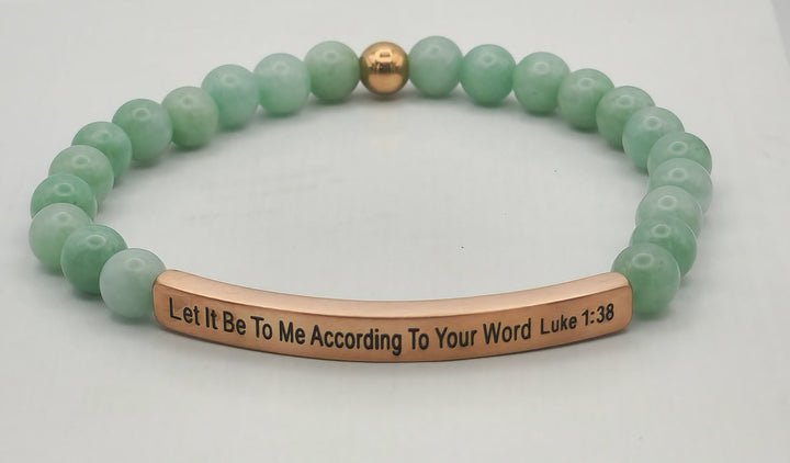 According To Your Word Earth Stone Scripture Bracelet Scripture Bracelets Jade with rose gold bar  