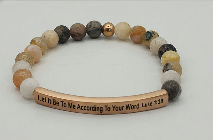 According To Your Word Earth Stone Scripture Bracelet Scripture Bracelets Bamboo Agate with rose gold bar  