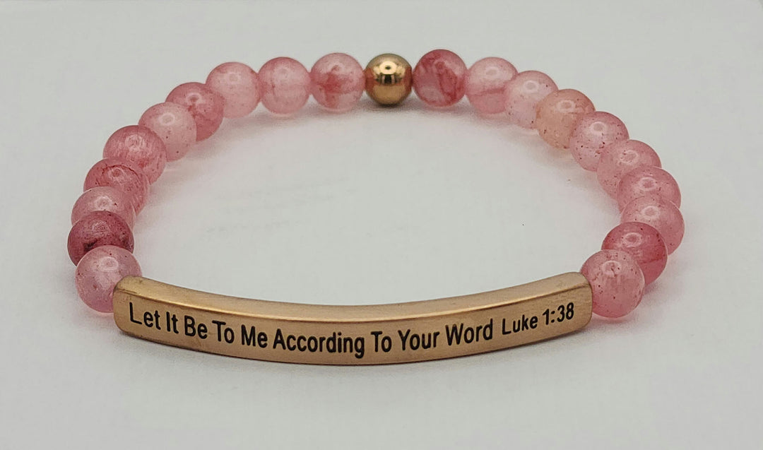 According To Your Word Earth Stone Scripture Bracelet Scripture Bracelets Pink Quartz with rose gold bar  