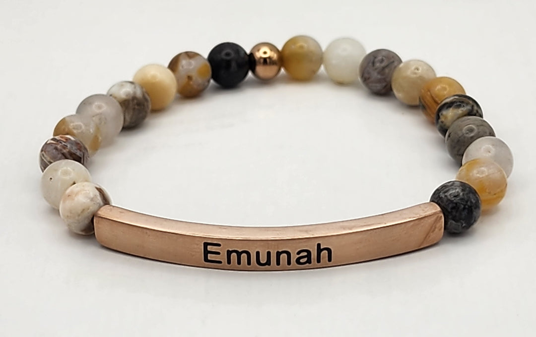 Emunah Faith Earth Stone Scripture Bracelet Scripture Bracelets Bamboo Agate with rose gold bar  