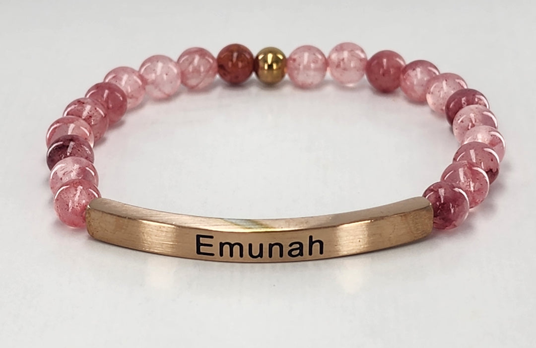 Emunah Faith Earth Stone Scripture Bracelet Scripture Bracelets Pink Quartz with rose gold bar  