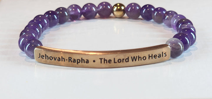 The Lord Who Heals Jehovah-Rapha Earth Stone Scripture Bracelet Scripture Bracelets Amathyst with rose gold bar  