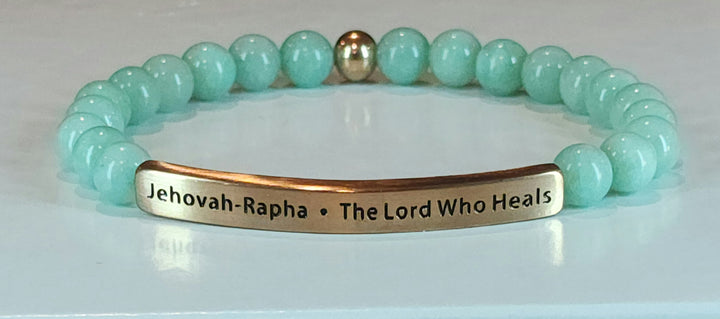 The Lord Who Heals Jehovah-Rapha Earth Stone Scripture Bracelet Scripture Bracelets Jade with rose gold bar  