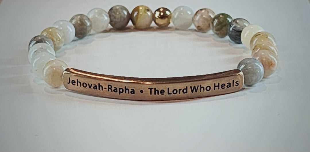 The Lord Who Heals Jehovah-Rapha Earth Stone Scripture Bracelet Scripture Bracelets Bamboo Agate with rose gold bar  