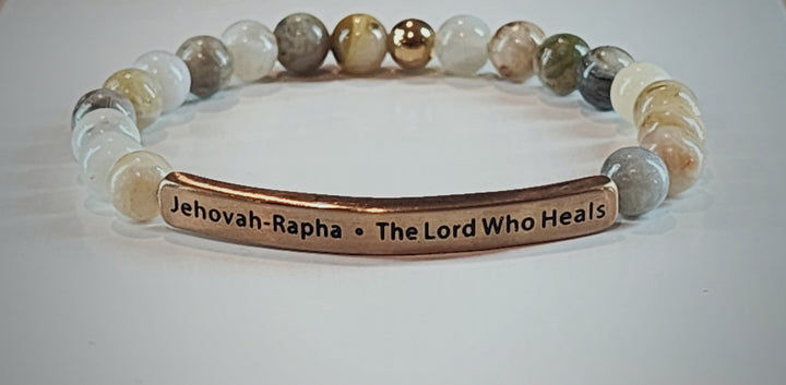 The Lord Who Heals Jehovah-Rapha Earth Stone Scripture Bracelet Scripture Bracelets Bamboo Agate with rose gold bar  