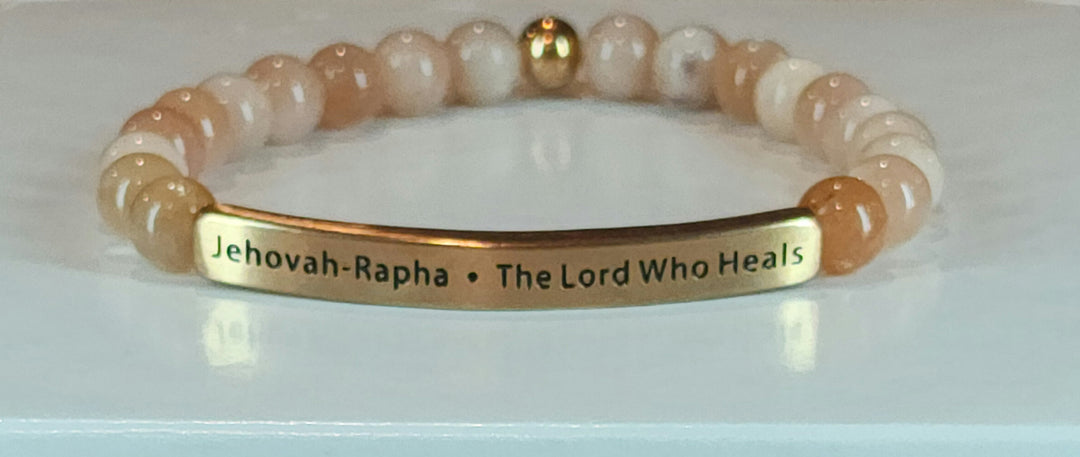 The Lord Who Heals Jehovah-Rapha Earth Stone Scripture Bracelet Scripture Bracelets Sunstone with rose gold bar  