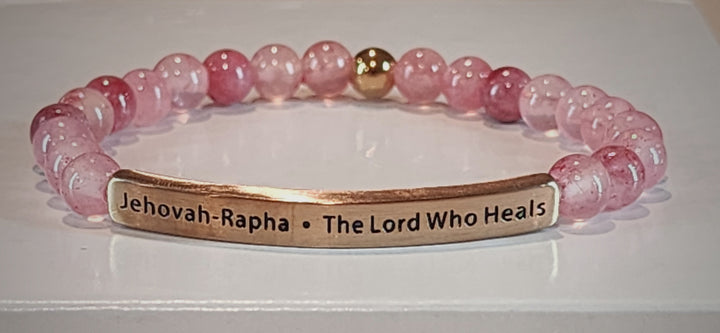 The Lord Who Heals Jehovah-Rapha Earth Stone Scripture Bracelet Scripture Bracelets Pink Quartz with rose gold bar  