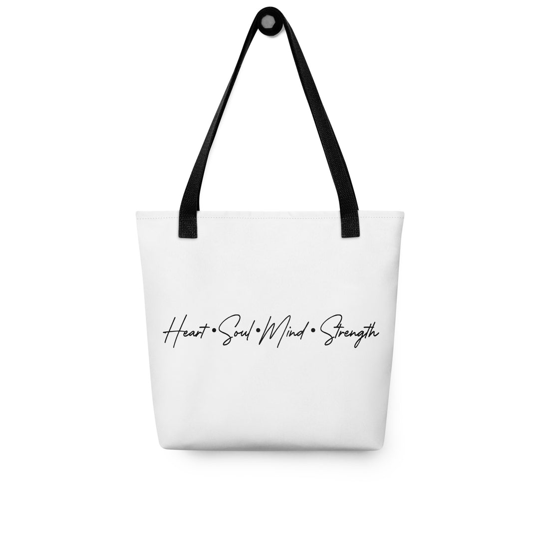 Christian Tote Bag Heart Soul Mind Strength Script White Tote Bags   