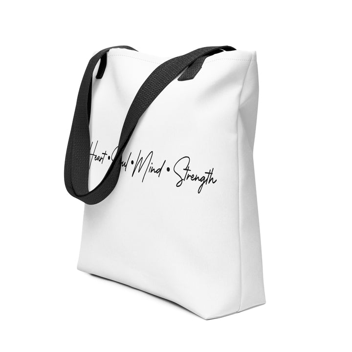 Christian Tote Bag Heart Soul Mind Strength Script White Tote Bags   