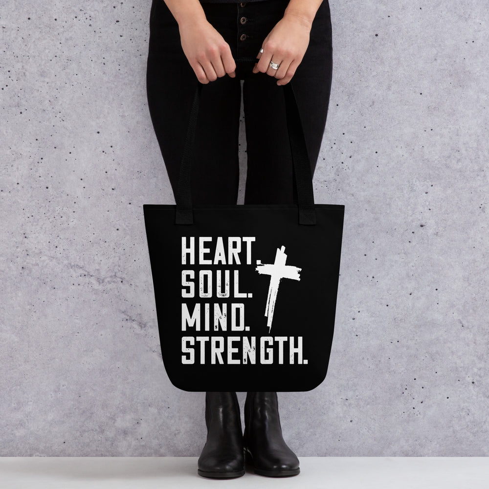 Christian Tote Bag Heart Soul Mind Strength Black Tote Bags   