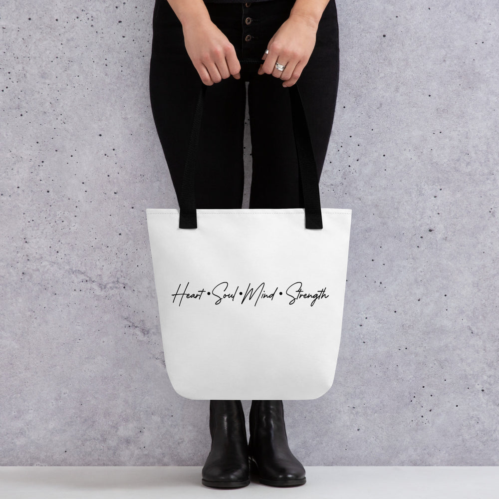 Christian Tote Bag Heart Soul Mind Strength Script White Tote Bags   