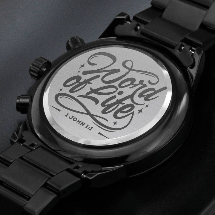 Word of Life Engraved Black Chronograph Watch Chronograph Watches   