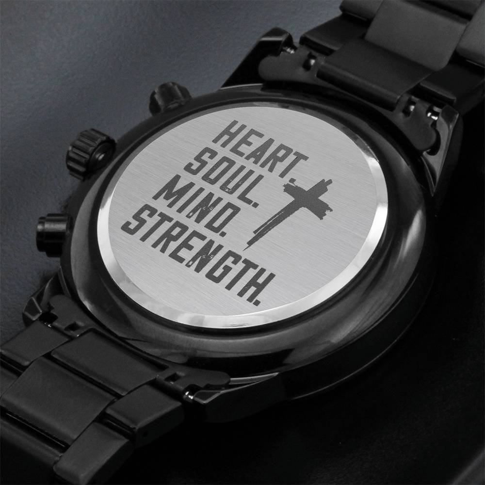 Christian Watch Heart Soul Mind Strength Engraved Black Chronograph Chronograph Watches