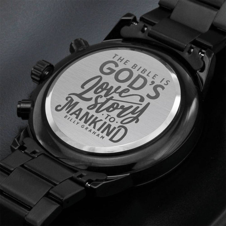 Christian Watch God's Love Story Engraved Black Chronograph Chronograph Watches