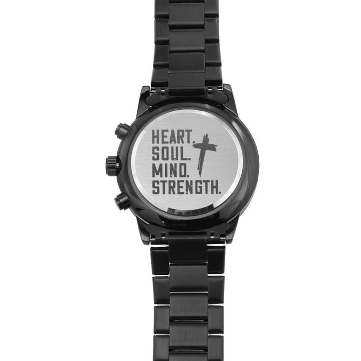 Christian Watch Heart Soul Mind Strength Engraved Black Chronograph Chronograph Watches