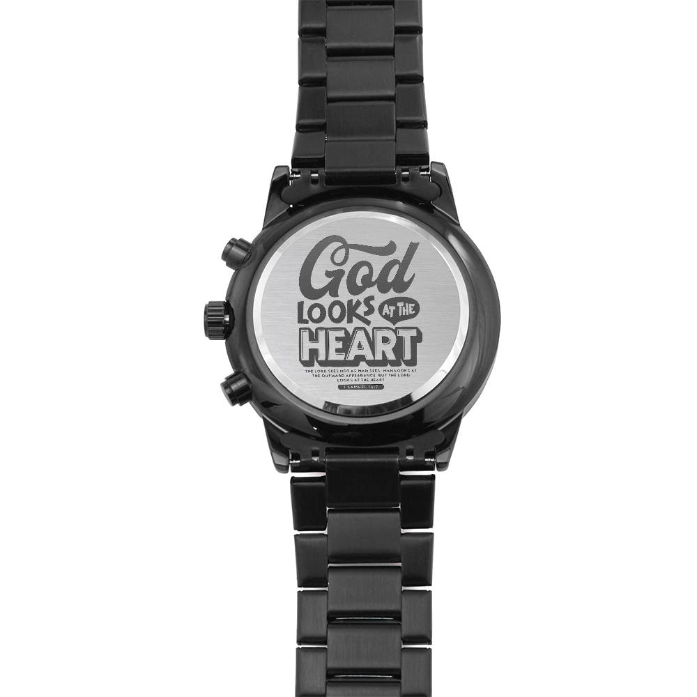 Christian Watch God Looks At The Heart Engraved Black Chronograph Chronograph Watches