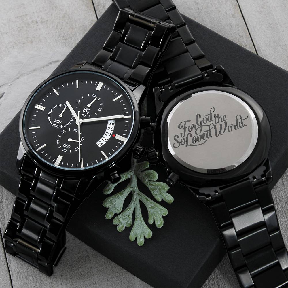 Christian Watch God So Loved Engraved Black Chronograph Chronograph Watches