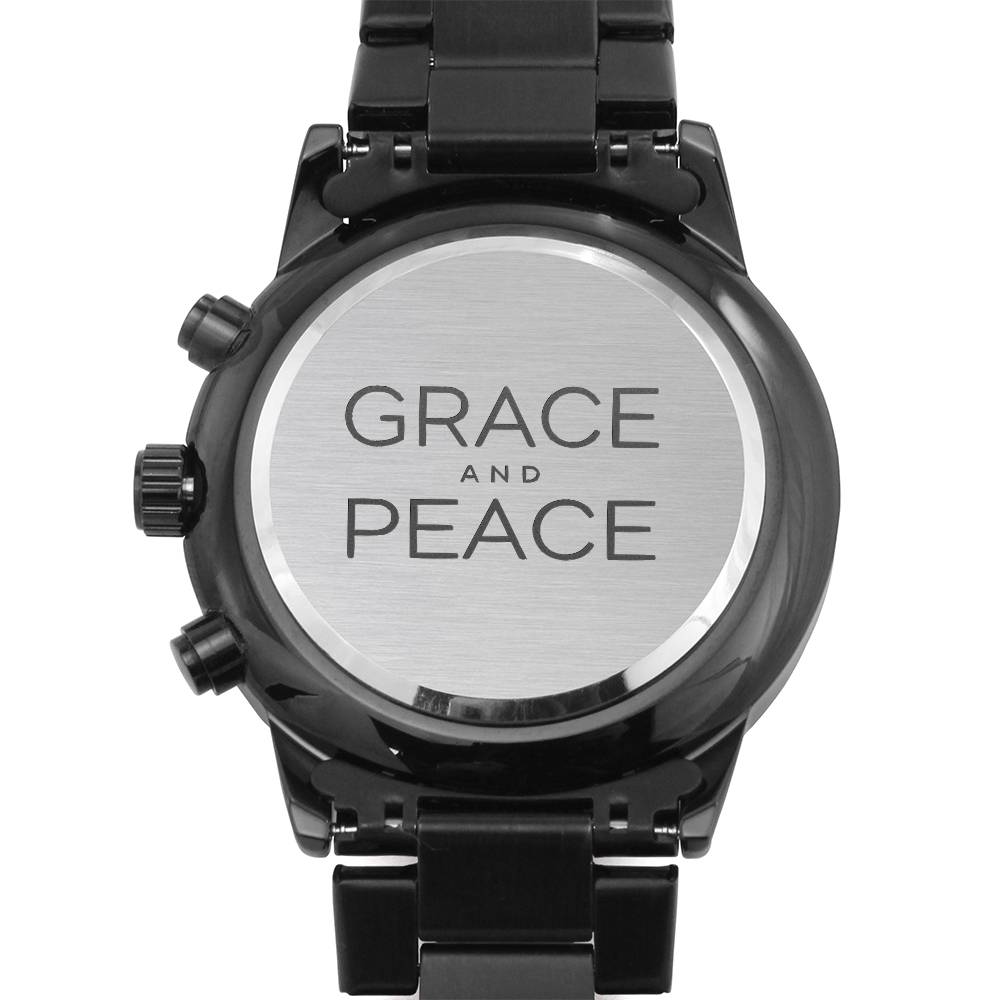 Christian Watch Grace and Peace Engraved Black Chronograph Chronograph Watches Two Tone Box