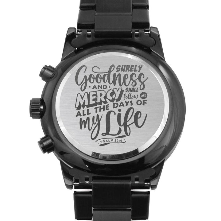 Christian Watch Goodness and Mercy Engraved Black Chronograph Chronograph Watches Two Tone Box