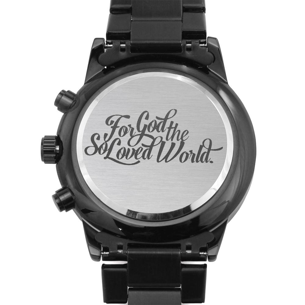 Christian Watch God So Loved Engraved Black Chronograph Chronograph Watches Two Tone Box