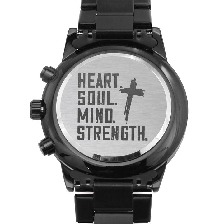 Christian Watch Heart Soul Mind Strength Engraved Black Chronograph Chronograph Watches Two Tone Box