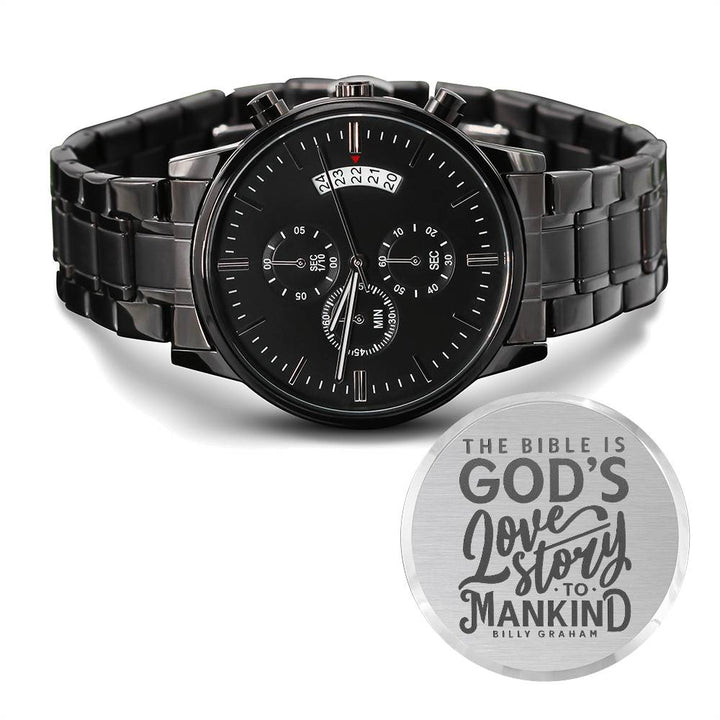 Christian Watch God's Love Story Engraved Black Chronograph Chronograph Watches