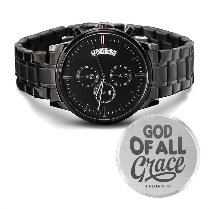 Christian Watch God of All Grace Engraved Black Chronograph Chronograph Watches