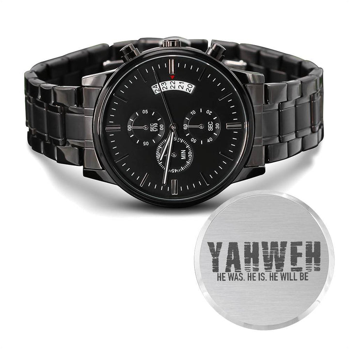 Yahweh Engraved Black Chronograph Watch Chronograph Watches   