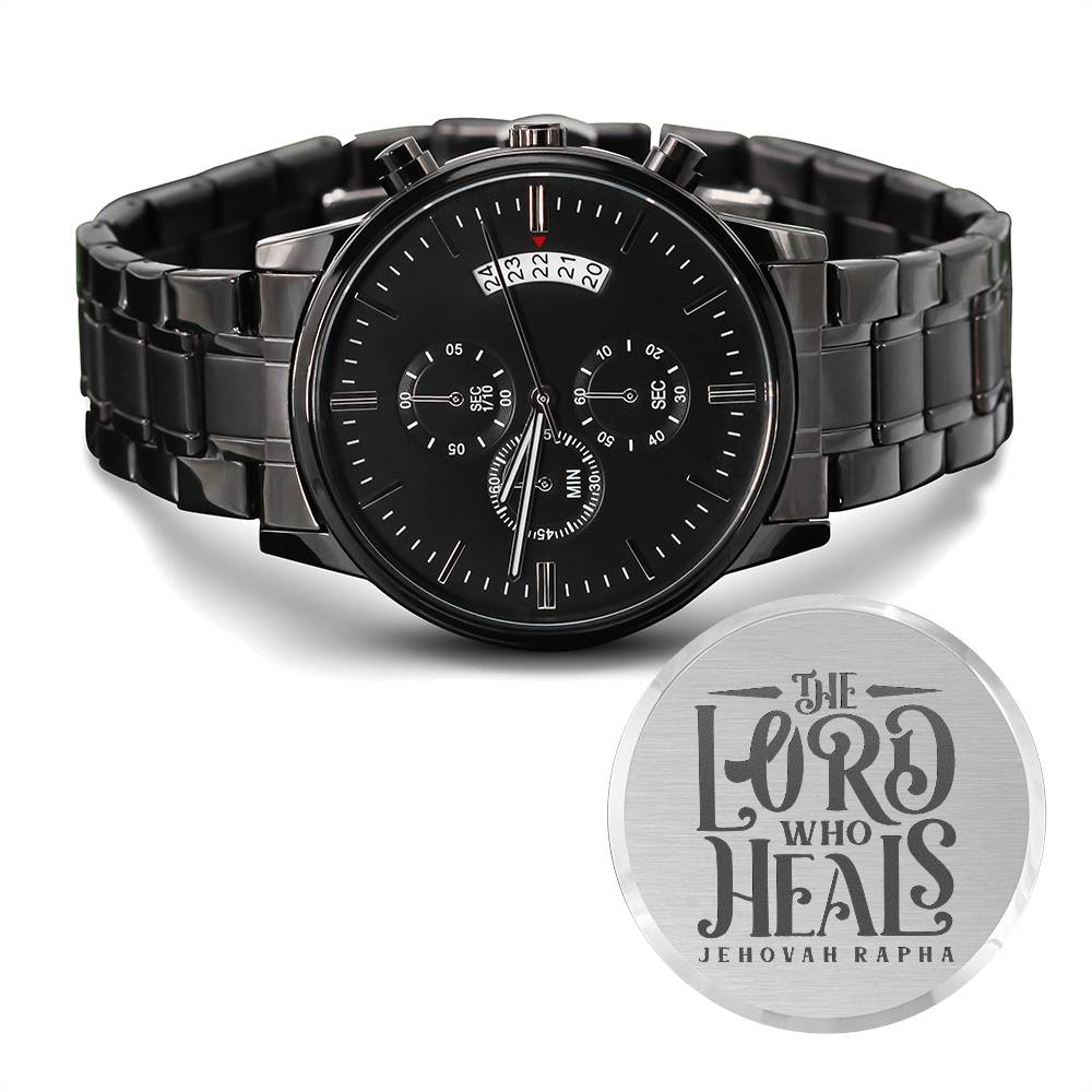 Christian Watch The Lord Who Heals Engraved Black Chronograph Chronograph Watches