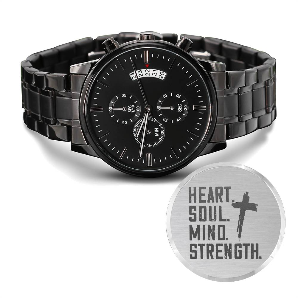 Christian Watch Heart Soul Mind Strength Engraved Black Chronograph Chronograph Watches