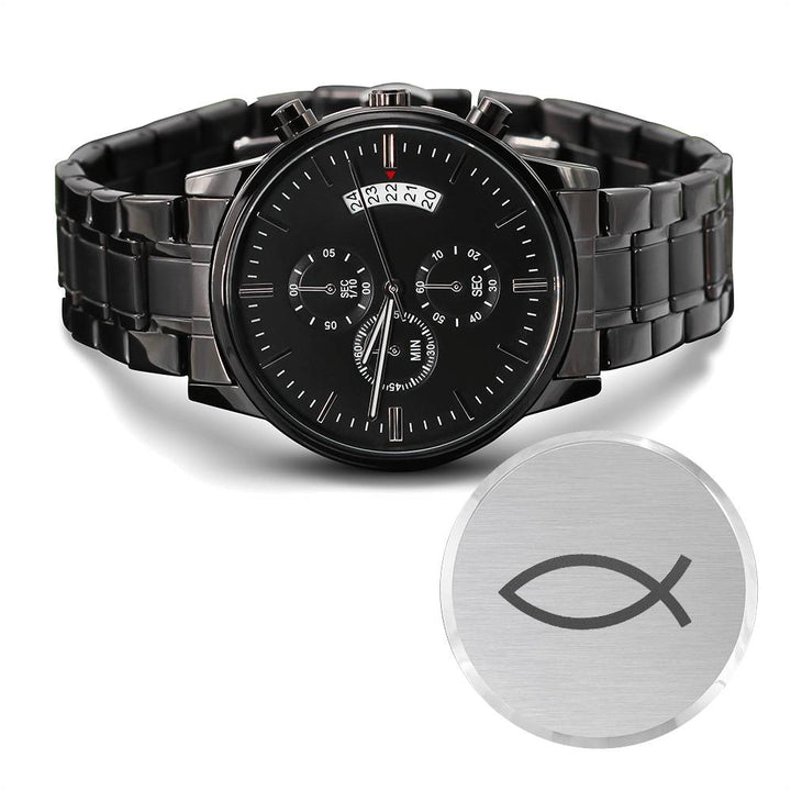 ΙΧΘΥΣ Engraved Black Chronograph Watch Chronograph Watches   