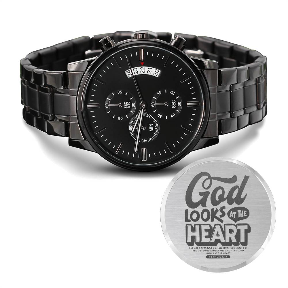 Christian Watch God Looks At The Heart Engraved Black Chronograph Chronograph Watches