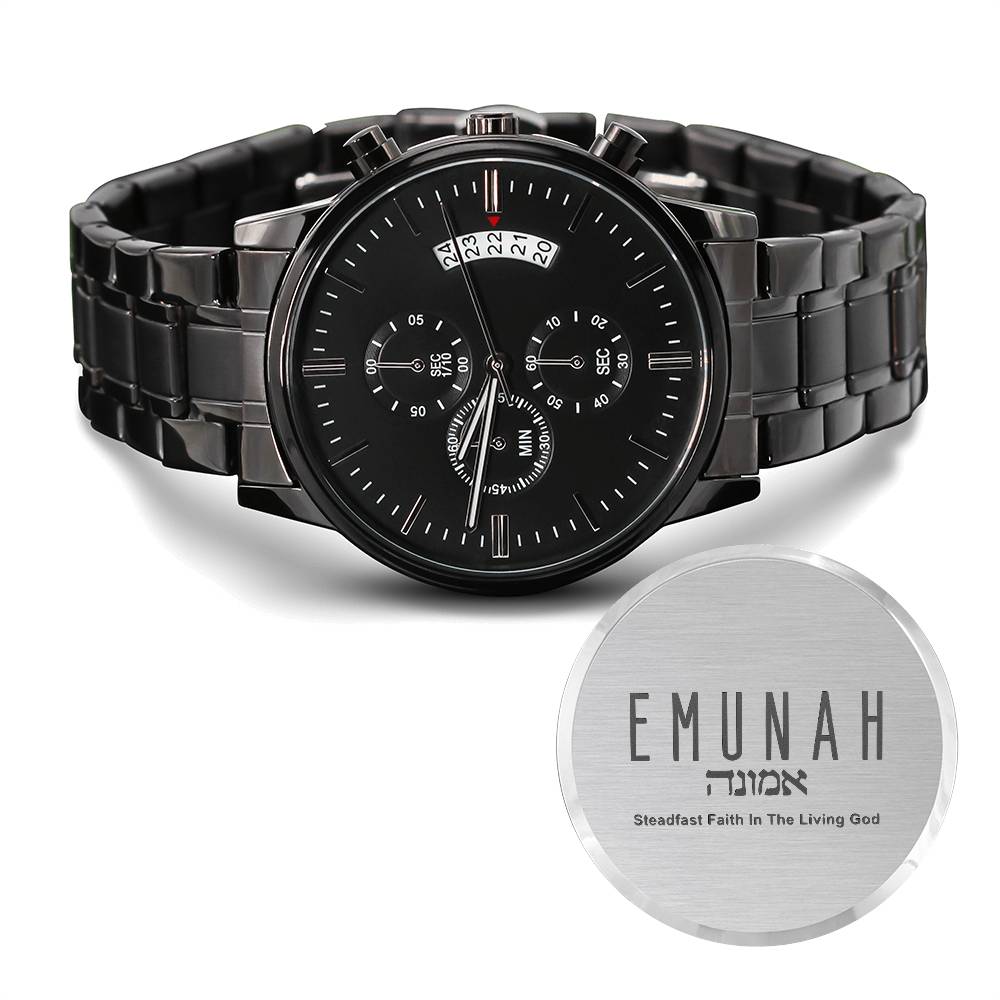 Christian Watch Emunah Steadfast Faith Engraved Black Chronograph Chronograph Watches